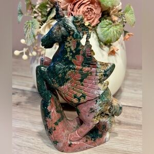 Ocean Jasper Unicorn with Natural Vugs, Crystal Carvings, Weight 639g